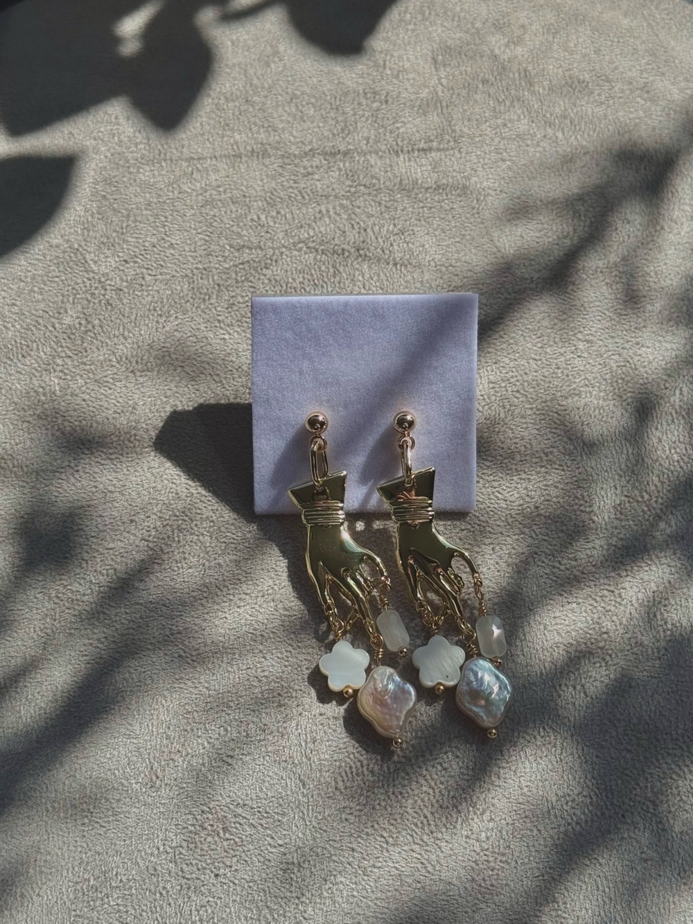 18K Gold Plated Hand Charm Drop Earrings with Shell Beads & Diamond Pearl